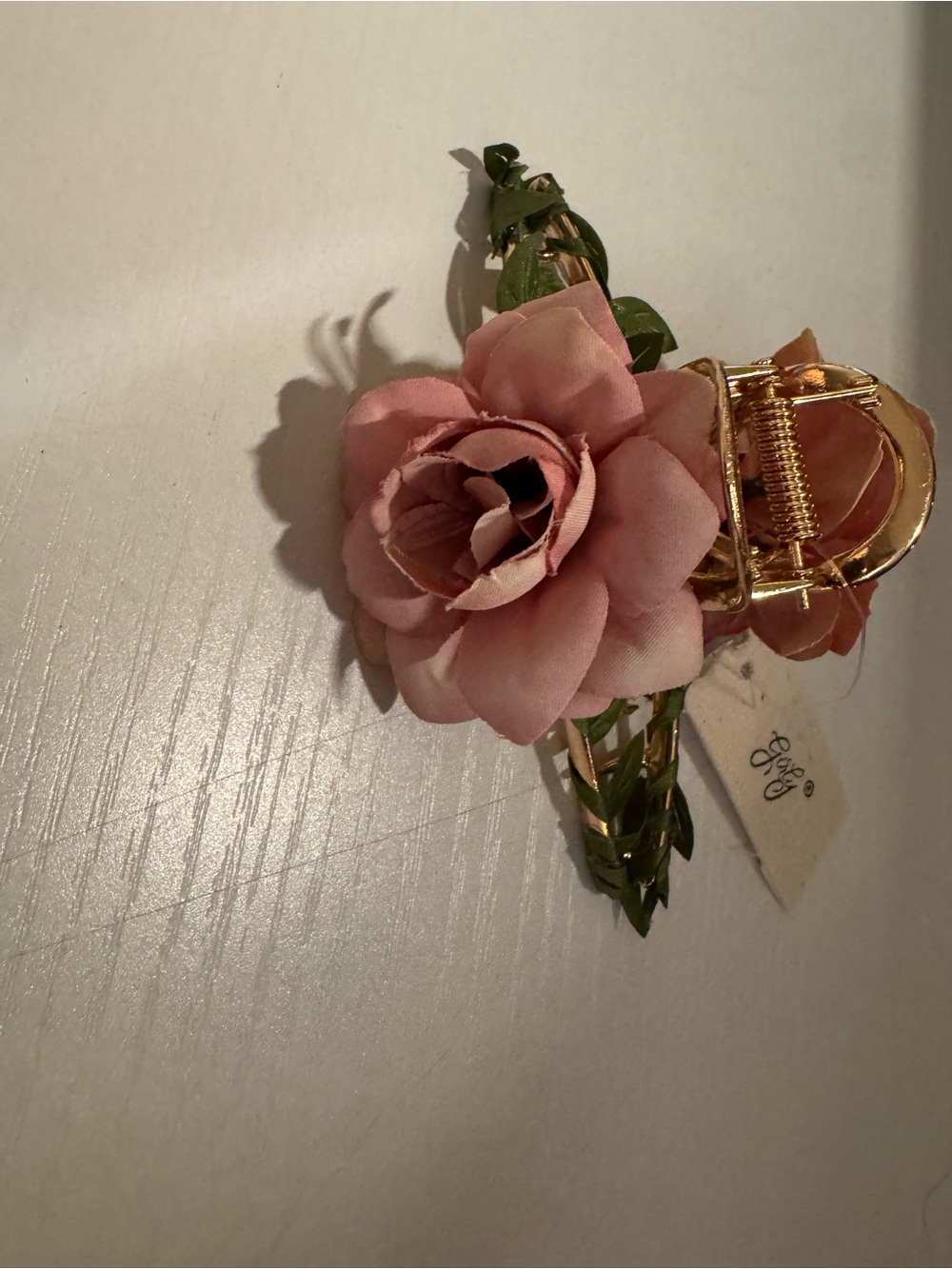 Pink Flower Hair Claw Clip - Gold Accent